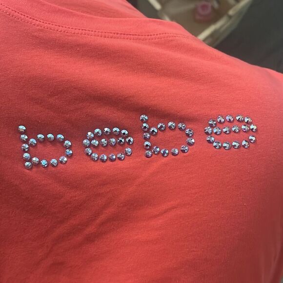 Bebe Basic Rhinestone Embellished bebe logo short sleeve Tee Coral Xsmall - Picture 6 of 8